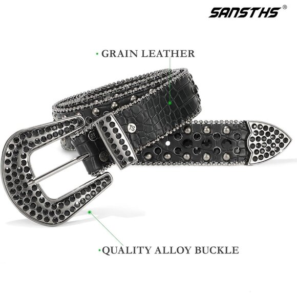 ⚡Women Rhinestone Belt Jeans Western Cowgirl Bling Studded Belt Grain Leather - Picture 3 of 7